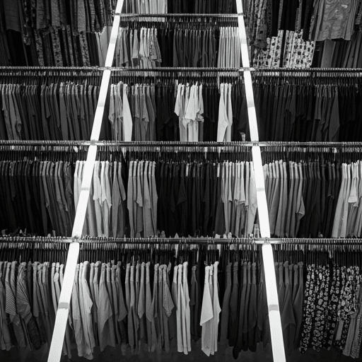 Monochrome overhead shot of disorganized clothing racks in a crowded department store